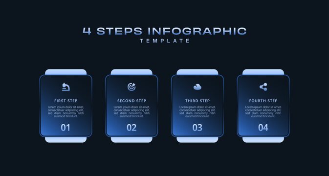 Dark Tech Infographic Template with Icons and Gradient Diagram, 4 Step Vector Workflow Layout for Presentations, Banners, Flowcharts, Business Reports, UI Design Assets, Modern Digital Style Pack Pro