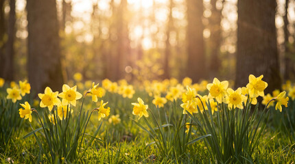 Obraz premium Yellow daffodil flowers blooming in forest during warm golden spring sunrise