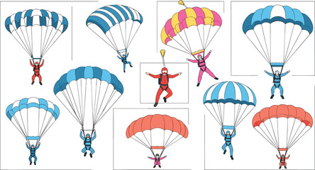 Colorful Skydiving and Parachute Collection Set with Various Skydivers Gliding in Air for Extreme Sport and Adventure Design © Sohel