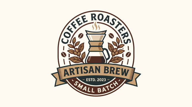 This vintage-style logo features a coffee brewing device and natural elements, representing craftsmanship and quality in artisan coffee roasting.