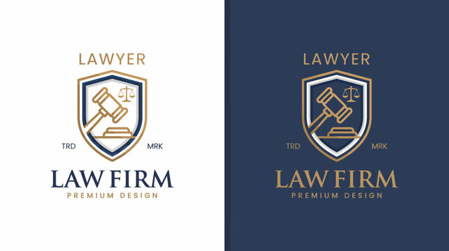 This powerful logo design embodies justice and legality through a gavel and scales within a shield, representing protection and professional legal service.