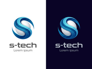 Naklejka premium The S-Tech logo features a sleek design with smooth curves, representing technology and innovation, reflecting a modern approach to advanced technology solutions and services.