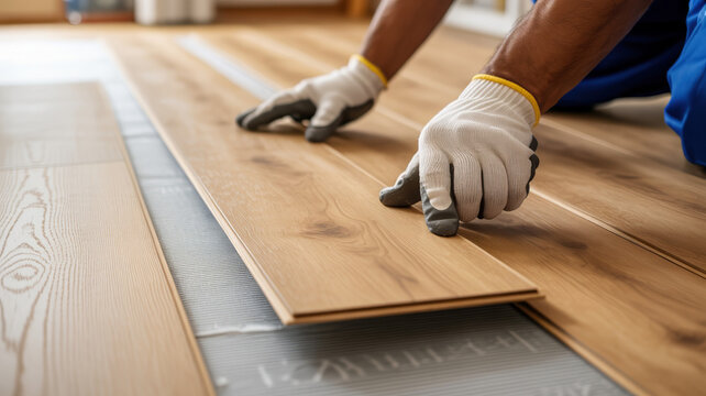 Male contractor wearing gloves installs wooden flooring in a bright room with natural light, showcasing the process of home renovation and improvement