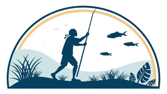 A man fishing with a spear in a serene natural environment with fish