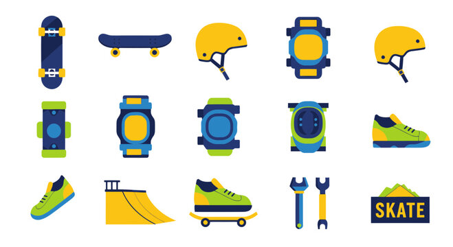Skateboard Gear and Accessories Icons Set: Skateboarding Equipment, Safety, and Fun