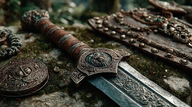 Fantasy sword and leather armor on table images