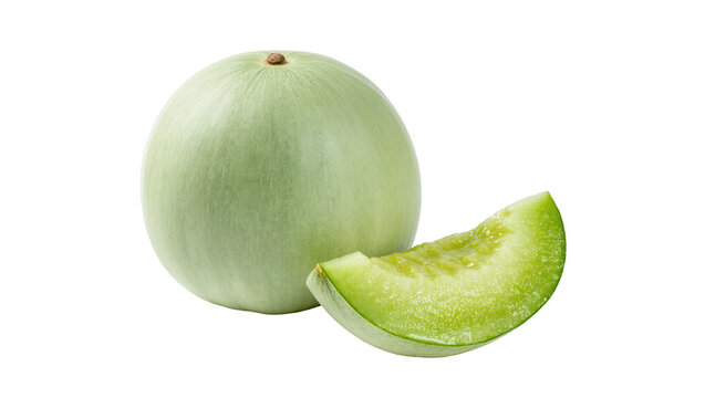 Whole pale green honeydew melon with a slice, isolated on transparent background