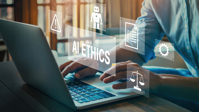 Person using laptop with digital icons representing AI ethics, including scales, warning signs, and robot symbols, in a modern workspace with wooden elements