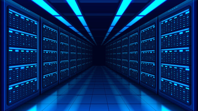 Technology Data Center Background. Digital concept of server room, digital information warehouse or server racks. Vector banner of web hosting, cloud computing and digital infrastructure visuals.