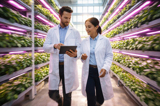 Professionals collaborating on tablet in modern vertical farm greenhouse