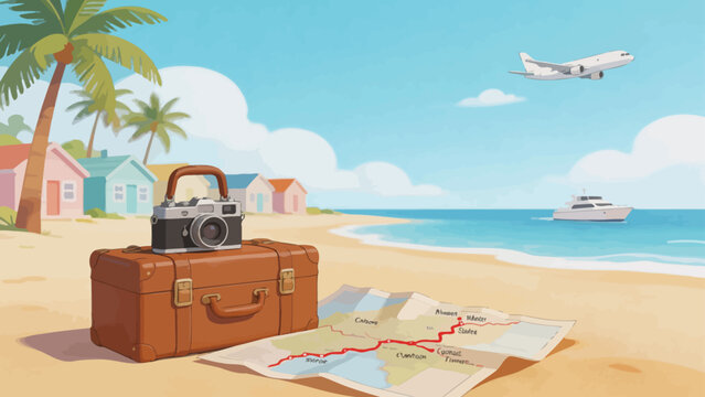 Beach travel suitcase map plane