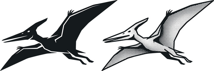 Pterosaur Flying Dinosaur Vector Set Featuring Black and White Illustrations for Prehistoric, Nature, and Animal-Themed Projects © MdLiton