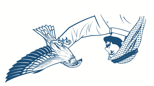 Illustration of a bird flying towards a persons face with scarf