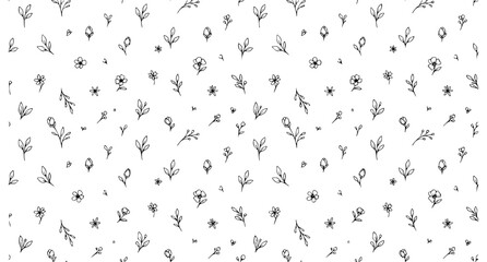 Obraz premium Minimal seamless floral pattern with small hand drawn flowers black and white light vector repeat background