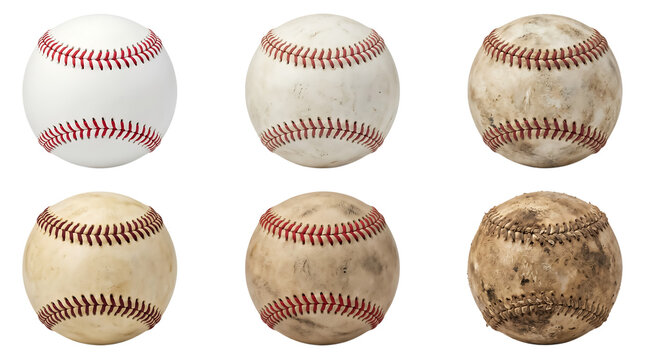 Collection of baseballs in various states of wear isolated on transparent background for sports design projects