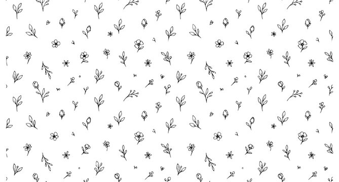 Minimal seamless floral pattern with small hand drawn flowers black and white light vector repeat background