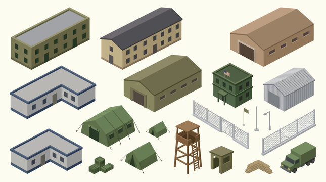 Isometric Military Base Vector Set, Army Barracks, Hangar, and Outpost Infrastructure Elements.