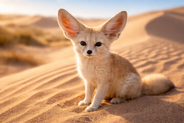 Fototapeta premium Fennec fox sitting gracefully on warm desert sand