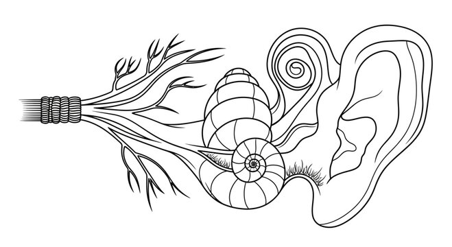 Anatomical Line Art Illustration of Human Ear and Cochlea