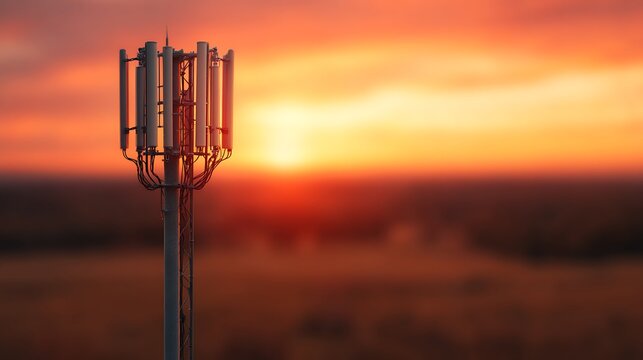 A cellular tower stands silhouetted against a vibrant orange and yellow sunset sky over a blurred landscape.
