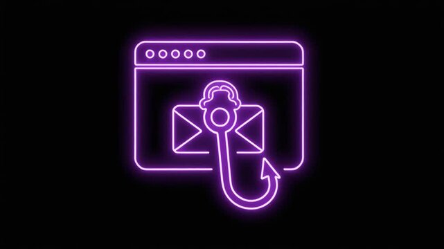 Neon Email Phishing Scam Icon Isolated on Black Background. Fishing hook stealing envelope from browser window. 4k