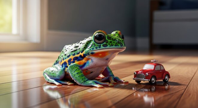 A vibrant green frog sits on a polished wooden floor next to a small red toy car.