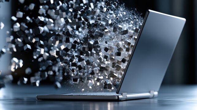Laptop explosion cube particle technology data digital abstract futuristic chaos Laptop explosion with flying cube particle burst, technology data cloud futuristic abstract chaos with dramatic