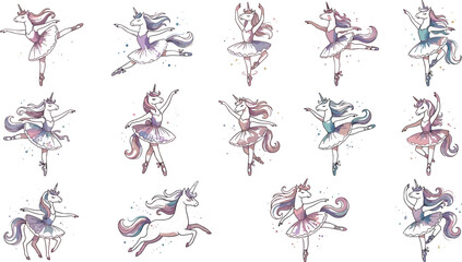 Unicorn Ballerina Icon Set with Magical Dancing Unicorns and Ballet Girls in Watercolor Pastel Style for Fantasy and Kids Designs © Md