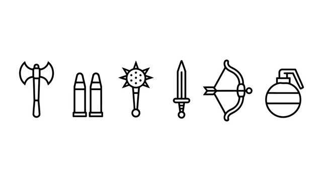 Set of weapon icons including axe bullet mace sword bow and bomb in minimalist outline style with military