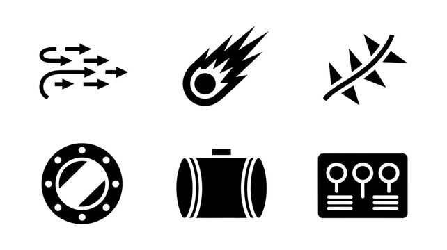 Black and white technical icon set featuring wind direction comet porthole and industrial storage symbols