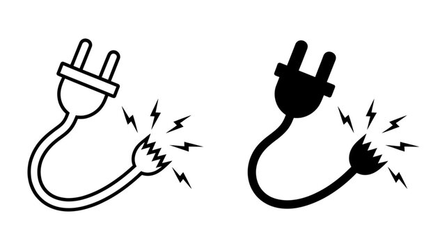 Icon set of broken electrical plugs showing sparks and power failure concepts with electric, electricity