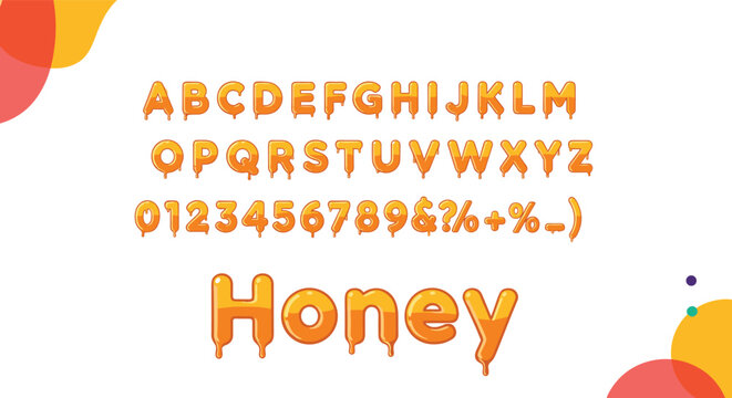 Complete honey alphabet and number font set with yellow dripping liquid effect and large honey word at the bottom of the composition.