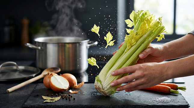 Woman&rsquo;s Hands Setting Whole Celery Head with Airborne Leaves &ndash; Homemade Stock Preparation, Mirepoix Ingredients on Slate Board