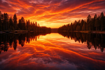 Obraz premium Stunning sunset over calm lake surrounded by tall trees