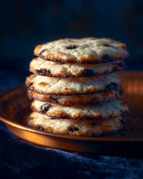 Stack of traditional Shirini Kishmishi raisin cookies on a copper tray