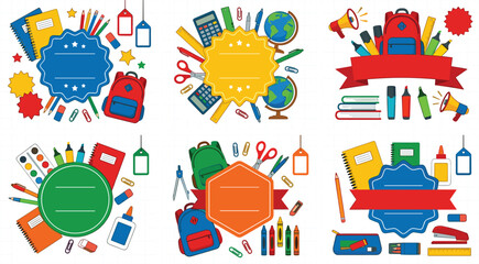 Naklejka premium Back to School Badge and Banner Set with Colorful Starburst Frames, School Supplies, Backpack, and Education Elements for Academic Designs