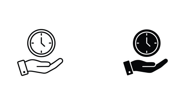 Time management clock on hand icon set representing punctuality and business efficiency in solid and outline vector styles