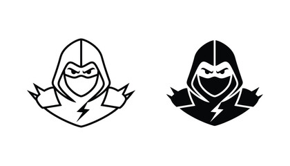 Stylized ninja warrior mascot logo design in outline and solid black silhouette versions for gaming team branding or e-sports identity isolated on a pure white background © Prism