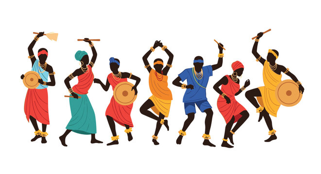 Group of African people performing a traditional dance while wearing vibrant ethnic clothing and accessories.