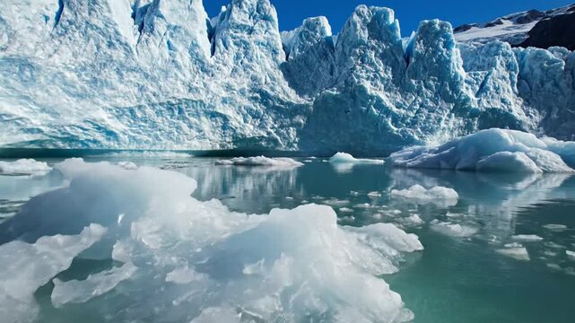 Rugged blue glacier ice wall descending into calm arctic waters with small scattered icebergs and floating ice fragments reflecting on the surface under a clear bright blue sky.
