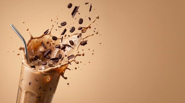 Dynamic high speed freeze frame captures creamy chocolate milkshake with ice cubes and coffee beans exploding upwards from a tall glass with a metal straw isolated on a warm beige studio background