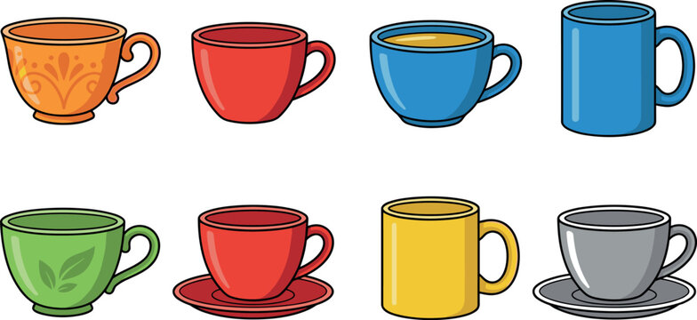 Vector Illustration of Colorful Coffee and Tea Cups in Various Shapes and Sizes for Drinkware and Kitchen Design