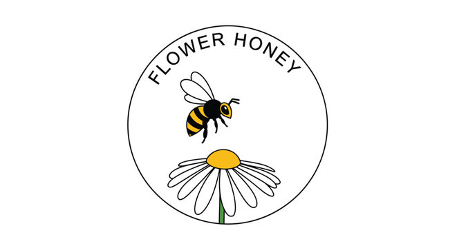 Simple logo design for flower honey featuring a bee flying towards a blooming daisy flower inside a circle.