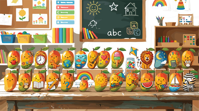 Cute Cartoon Mango Characters Collection in Classroom Setting with Diverse Themes, Expressions, and Accessories for Kids Design