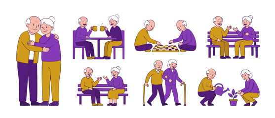 Obraz premium Elderly Couple Activities Set Illustration, Senior People Daily Life Routine, Happy Retired Grandparents Hugging, Talking, Gardening and Playing Games, Flat Vector Character Collection for Caregiving