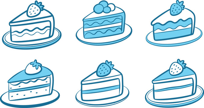 Blue cake slice sweet food ink art doodle icon set