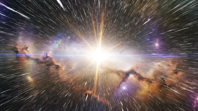 Cinematic cosmic explosion with a bright central star emitting light rays and motion streaks moving through a multi-colored gaseous nebula and distant star clusters in outer space.