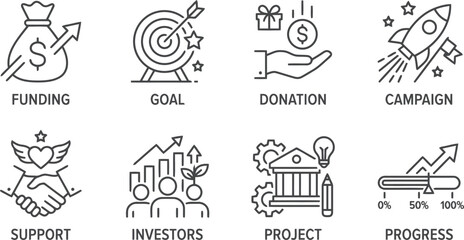 Obraz premium Outline Business Icons: Funding, Goal, Donation, Campaign, Support, Investors, Project, Progress