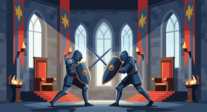 Two knights in full armor engaged in a sword fight inside a grand castle hall with flags and thrones.