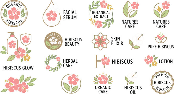 Hibiscus Beauty and Skincare Logo Badge Set with Organic, Facial Serum, Botanical, Herbal Care, and Natural Cosmetic Branding Elements for Beauty Designs